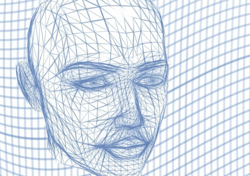 A digitally rendered 3-D model of a woman's head outlined in blue lines.