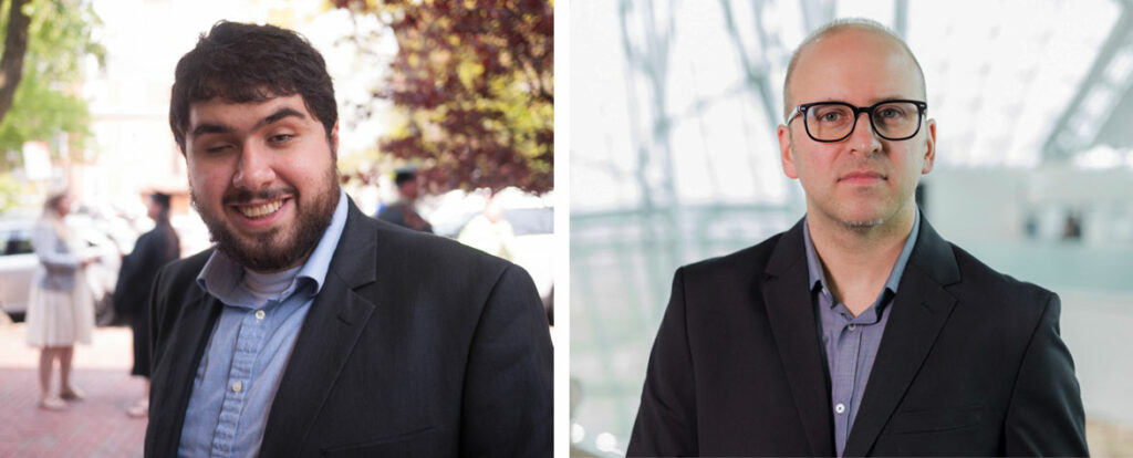 On the left, Sina Bahram wears a black suit jacket and blue shirt and smiles at the camera as he stands on a sidewalk; on the right, Corey Timpson also wears a dark suit jacket and blue shirt. He stands in a museum setting.