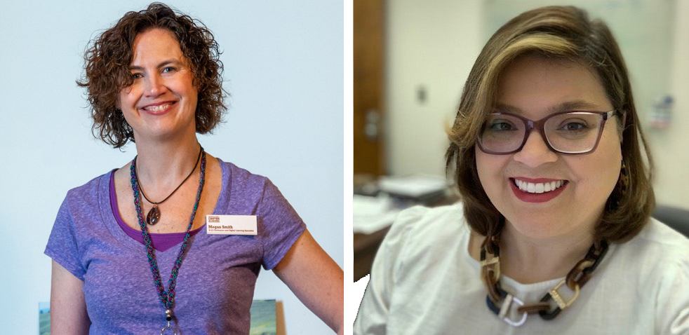 On the left, Megan wears a purpose shirt and a nametag; she has curly, brown hair. On the right, Nancy has shoulder-length brown hair and brown glasses. She wears a necklace with interlocking chains.