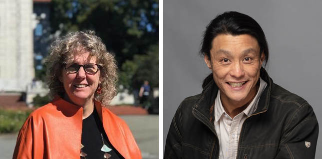 Two head shots: On the left, a woman has curly hair and an orange shirt. On the right, a man has shoulder-length hair and leather jacket.