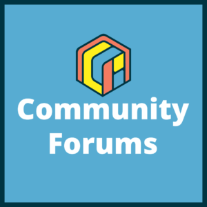 Light blue background has white text that says "Community Forums" with the Museum Learning Hub logo floating above.