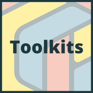 Background graphic features a section of the Museum Learning Hub logo icon faded with dark blue text that says "Toolkits"