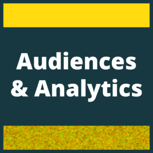 Striped blue and yellow graphic background has white text that says the title of the module "Audiences & Analytics"